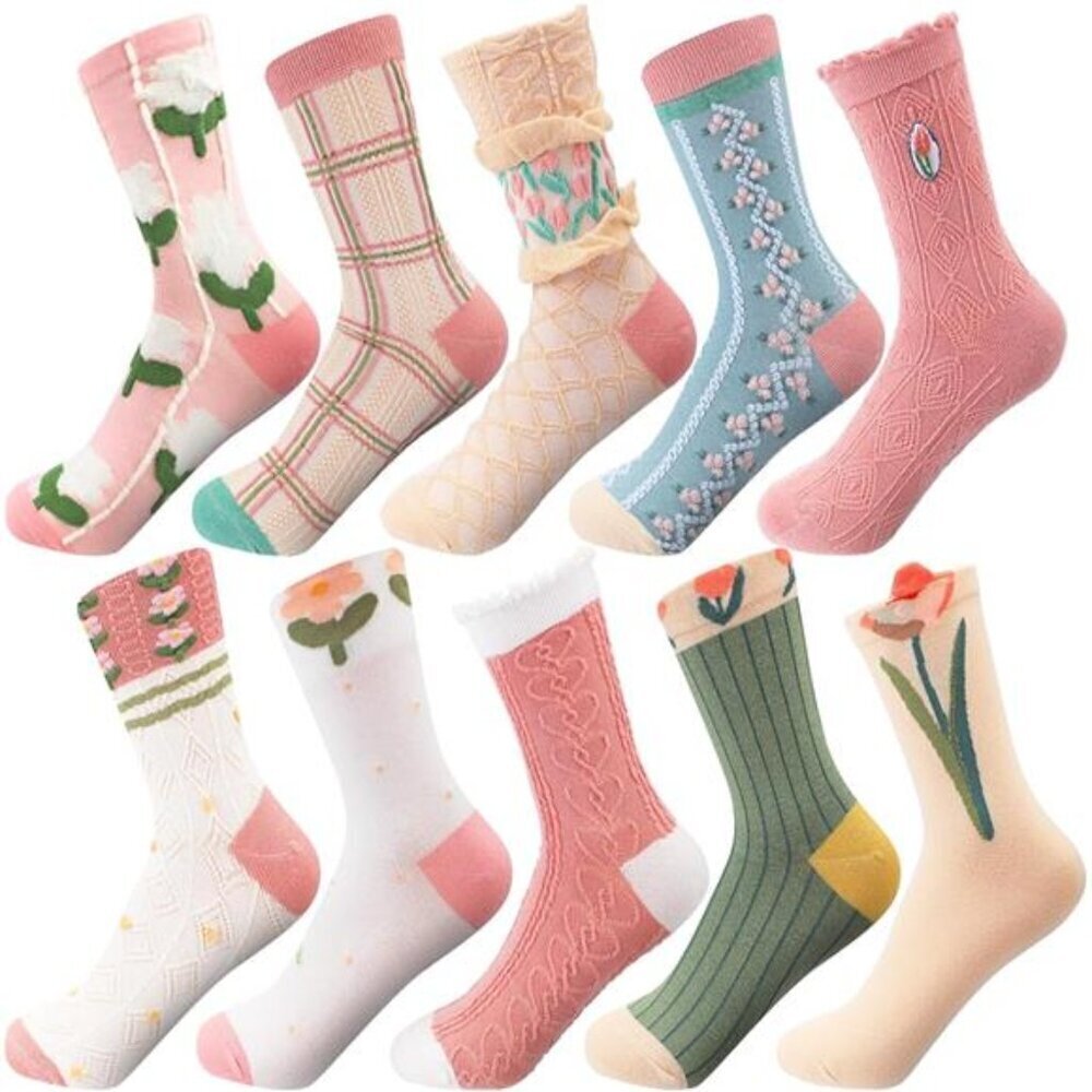 Cottagecore Floral Crew Socks 10 Pairs 3D Embroidered Women